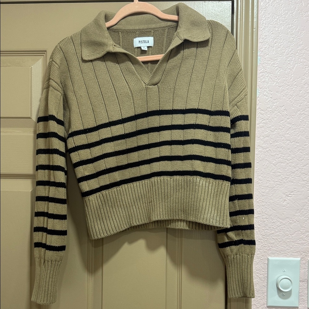Pistola Beige and Black Striped V-Neck Sweater